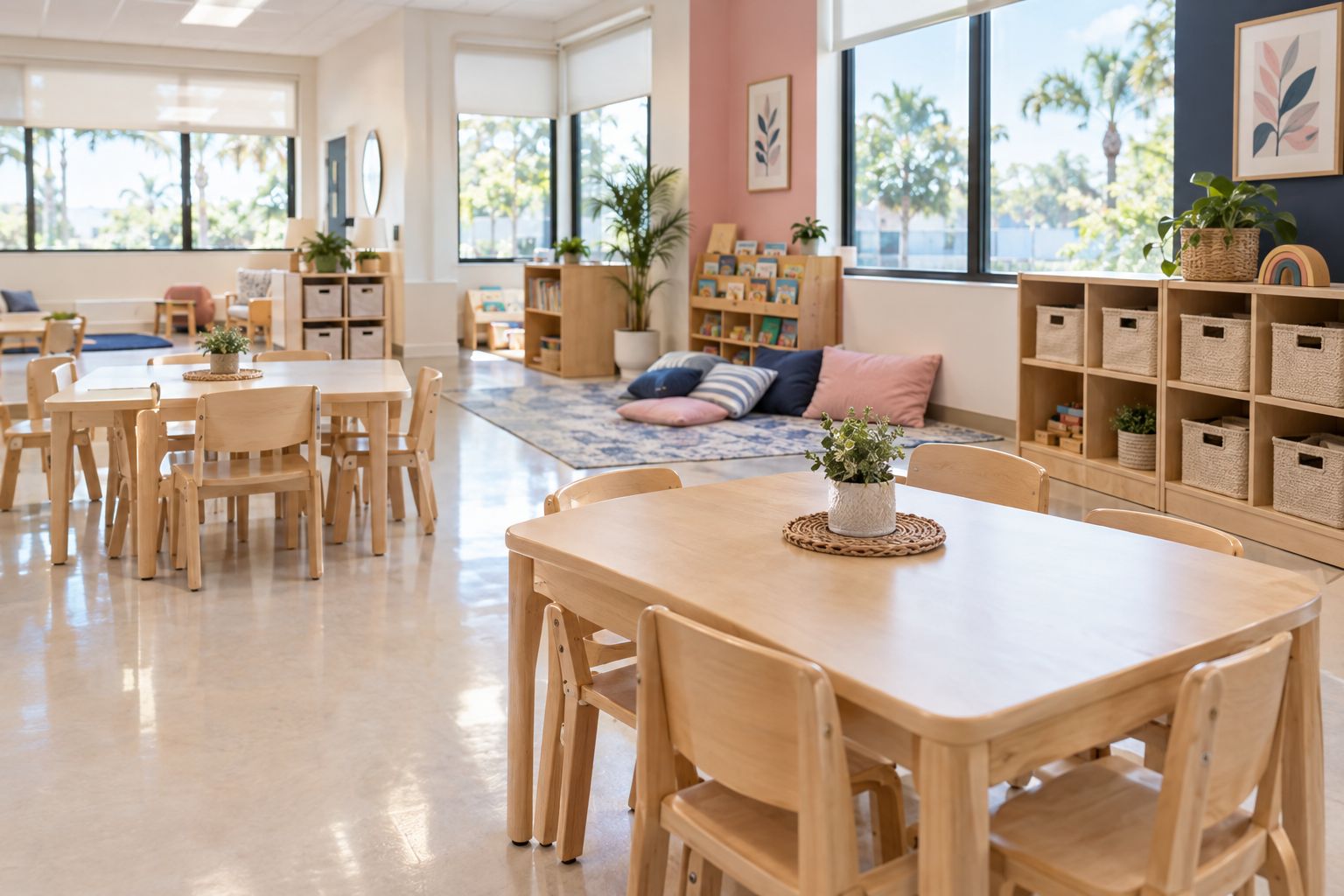 Bright preschool classroom with child-sized tables, book shelves, and a reading nook